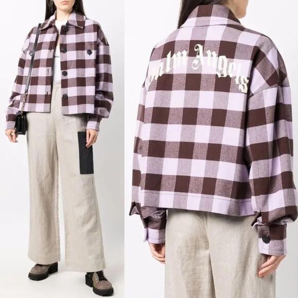 Palm Angels | Purple Brown Buffalo Check Plaid Logo Flannel Shirt Jacket 40 US L - Picture 1 of 16